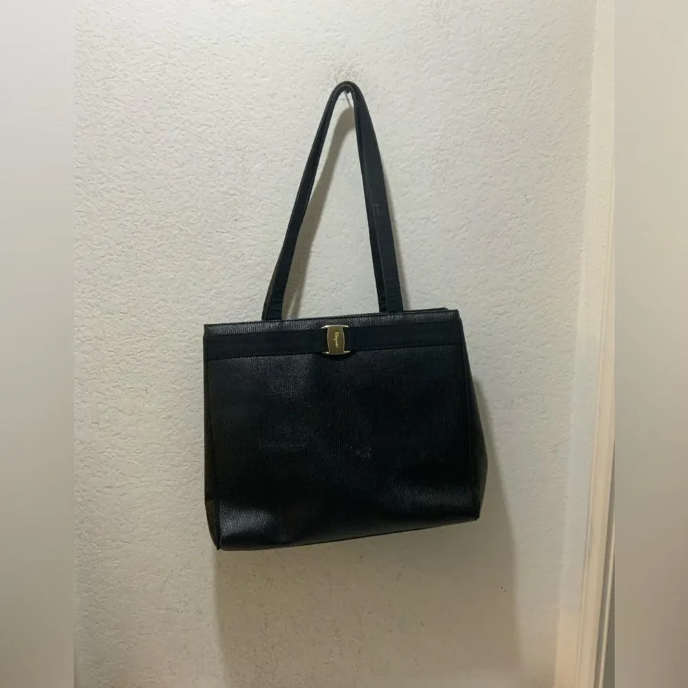 Vintage Salvatore Ferragamo Tote Bag Embossed Leather Black  Authentic